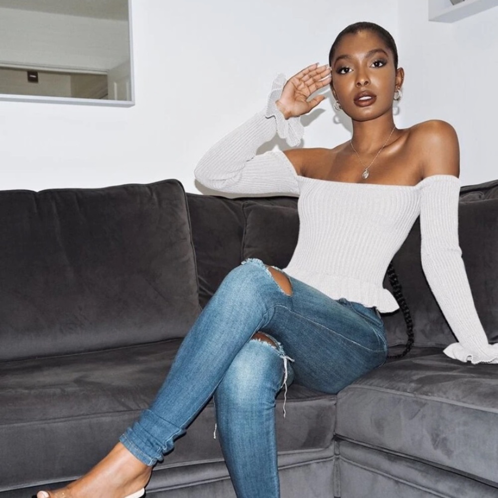 SHEIN Off Shoulder Ruffle Trim Sweater